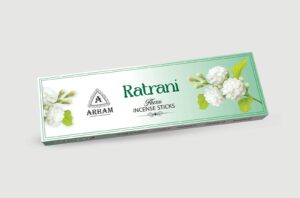 Premium Ratrani Fluxo Incense Sticks 50gm box by Arham Fragrance with floral aroma and elegant packaging
